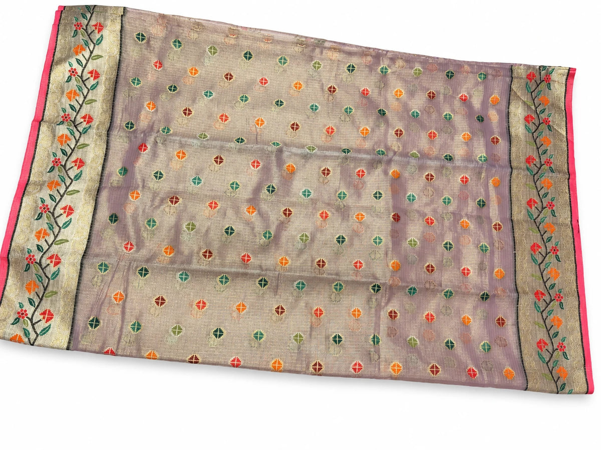 Damini — Silver Floral Border Saree, retouched garment view 1 on a clean background
