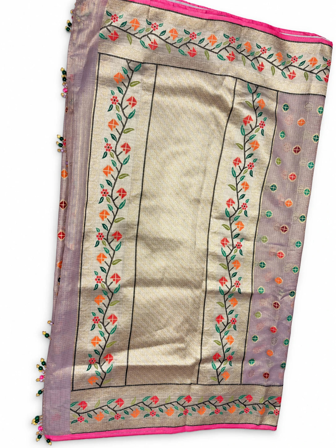 Damini — Silver Floral Border Saree, retouched garment view 2 on a clean background
