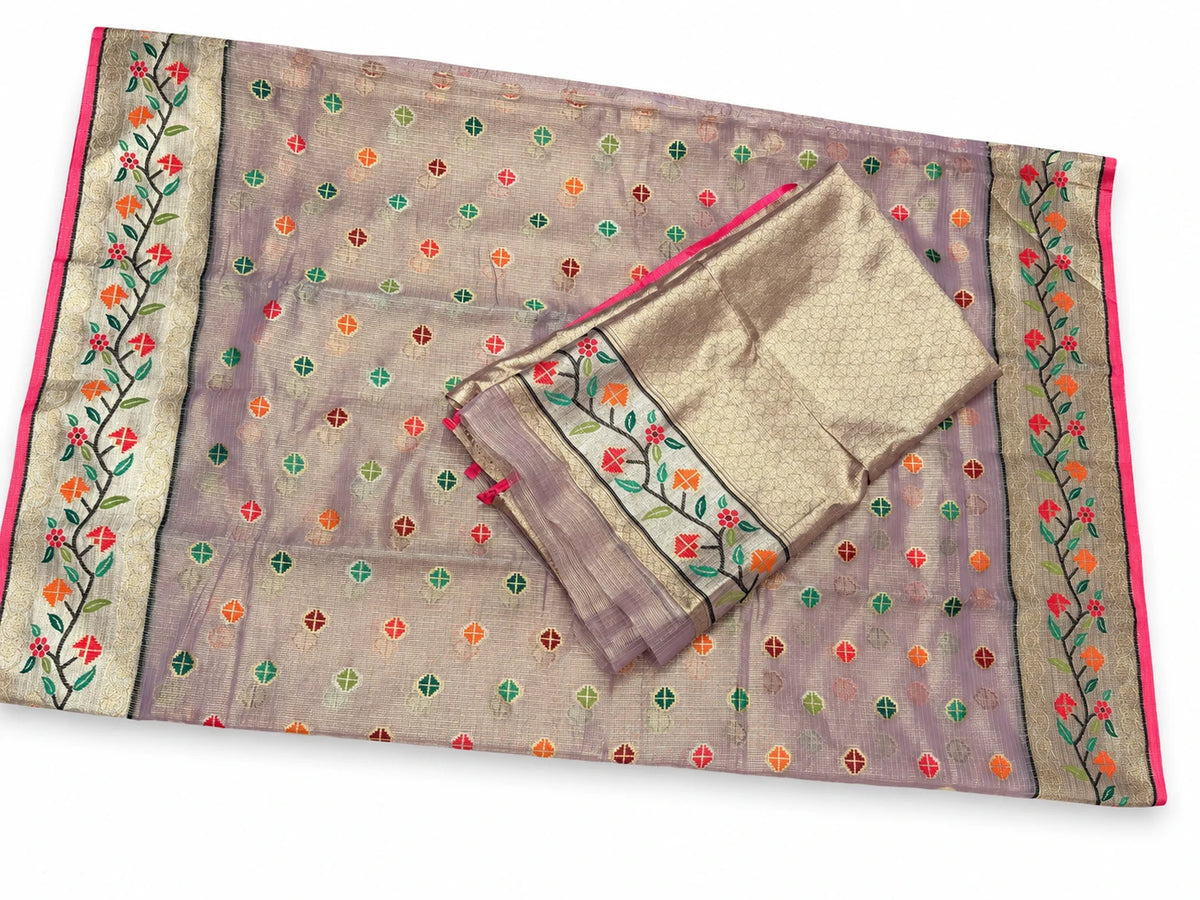 Damini — Silver Floral Border Saree, retouched garment view 3 on a clean background