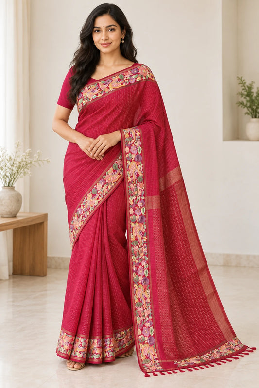 Divya — Crimson Floral Border Saree, model-worn styling photograph