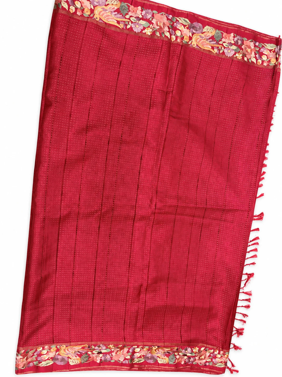Divya — Crimson Floral Border Saree, retouched garment view 1 on a clean background