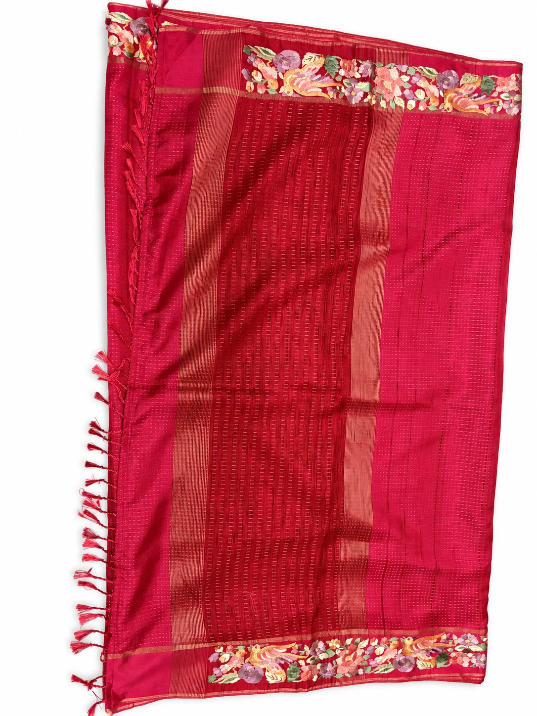 Divya — Crimson Floral Border Saree, retouched garment view 2 on a clean background
