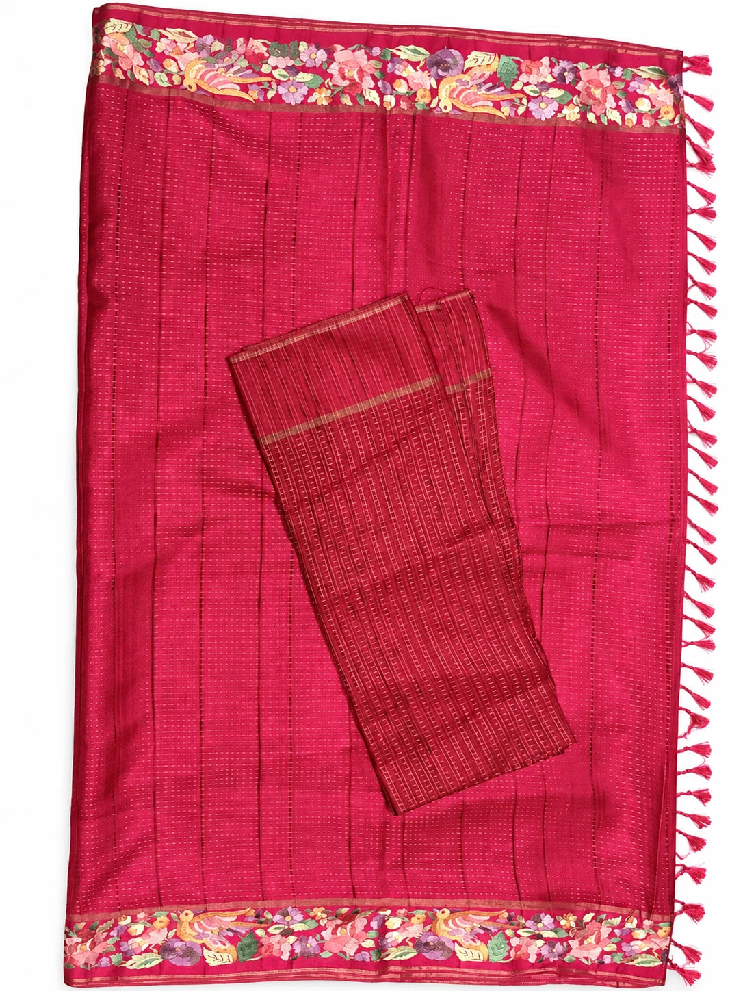 Divya — Crimson Floral Border Saree, retouched garment view 3 on a clean background