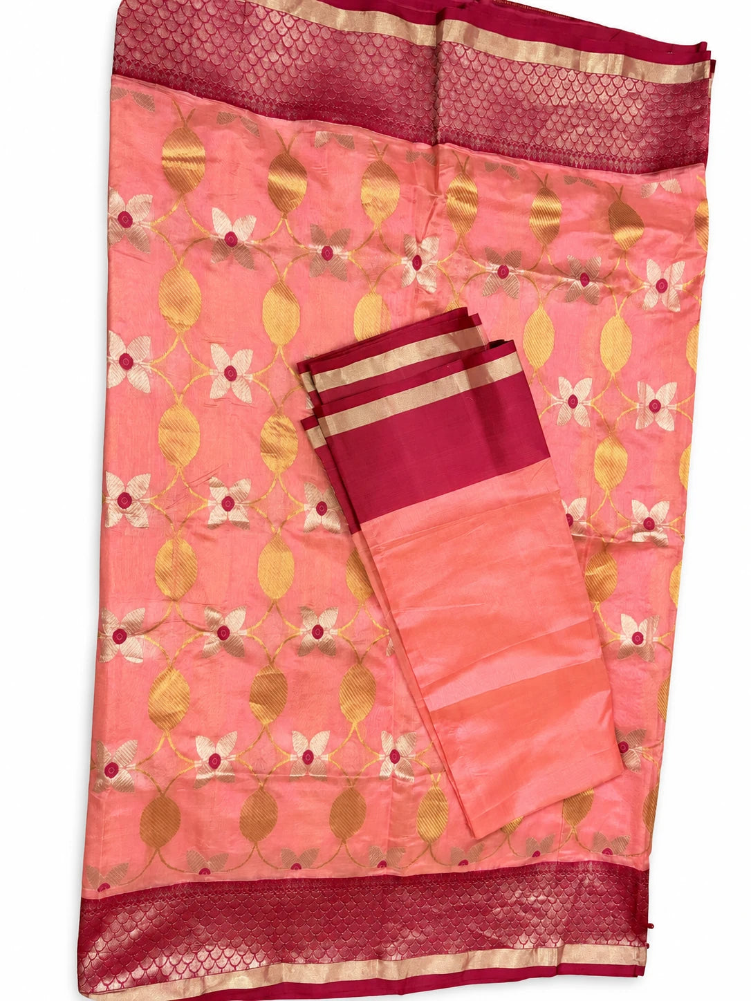 Gauri — Peach Gold Leaf Saree, retouched garment view 3 on a clean background