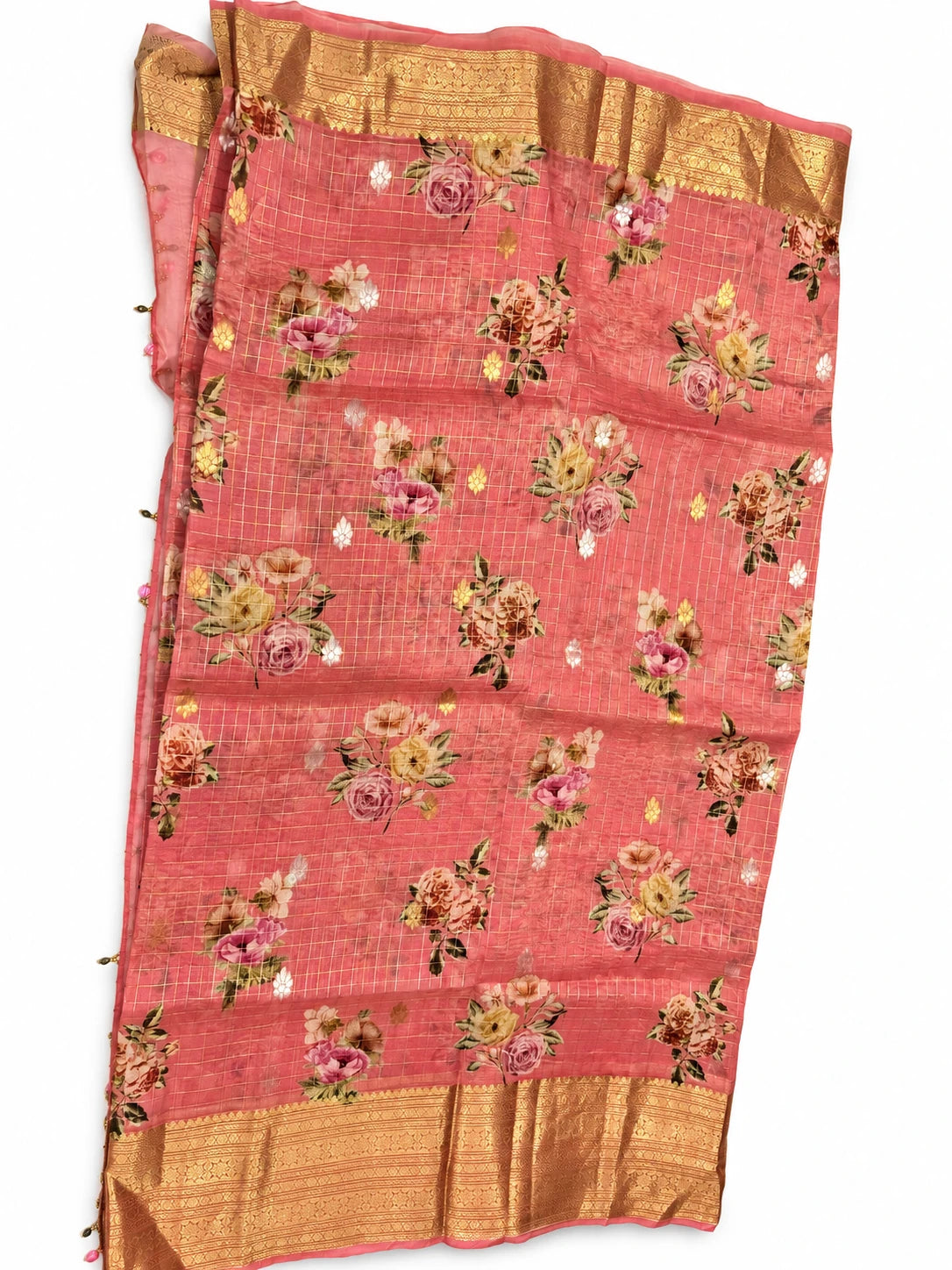 Keerthana — Coral Bouquet Gold Border Saree, retouched garment view 1 on a clean background