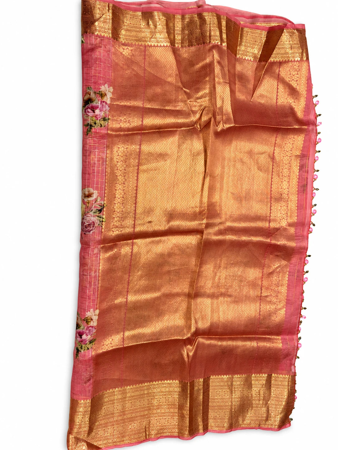 Keerthana — Coral Bouquet Gold Border Saree, retouched garment view 2 on a clean background