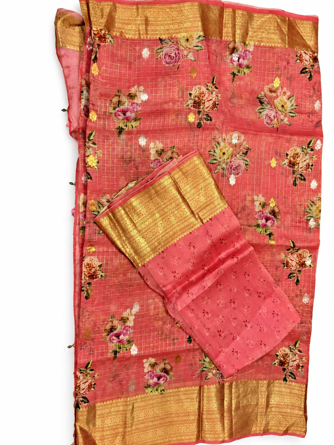 Keerthana — Coral Bouquet Gold Border Saree, retouched garment view 3 on a clean background