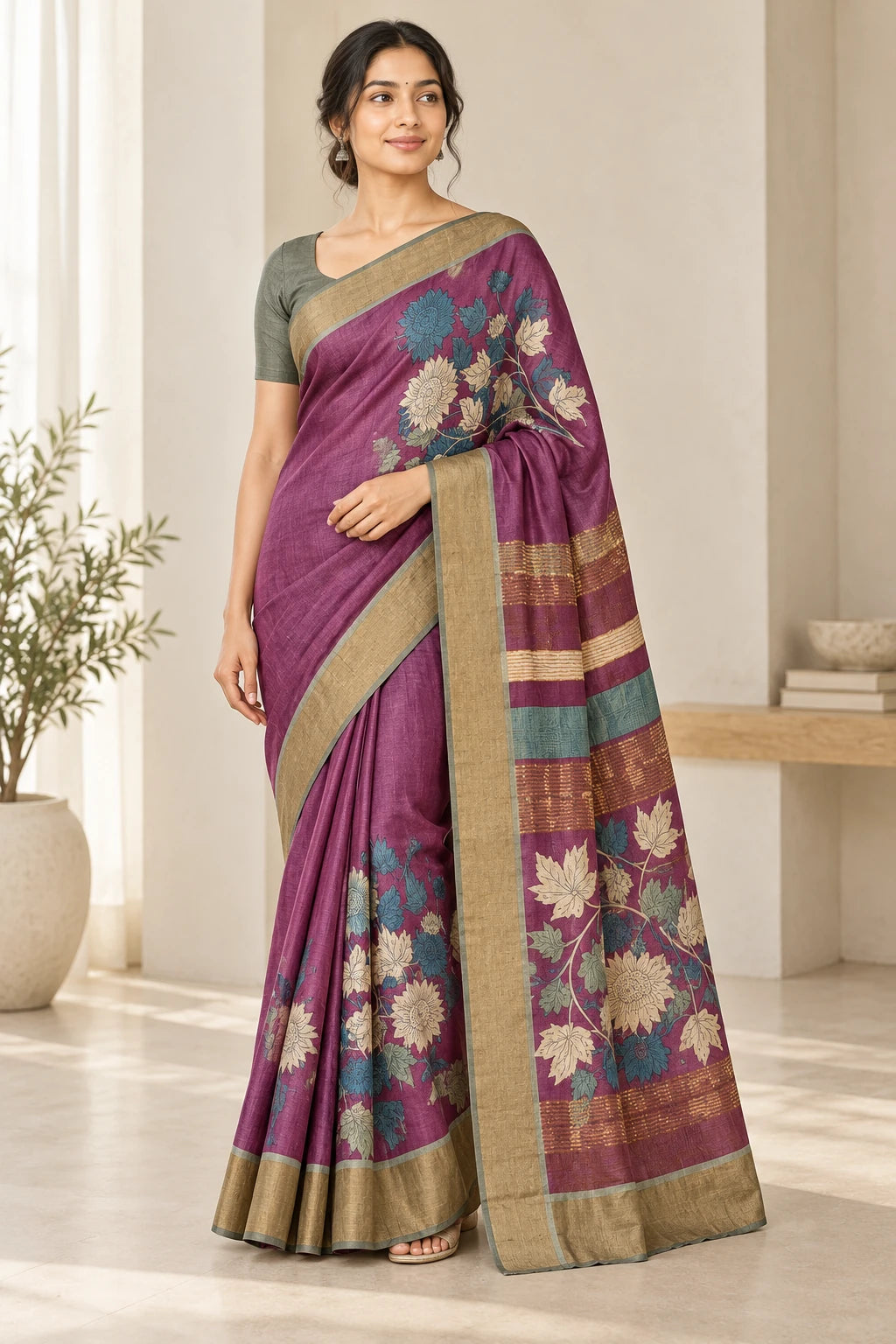 Madhuri — Plum Blue Blossom Saree, model-worn styling photograph