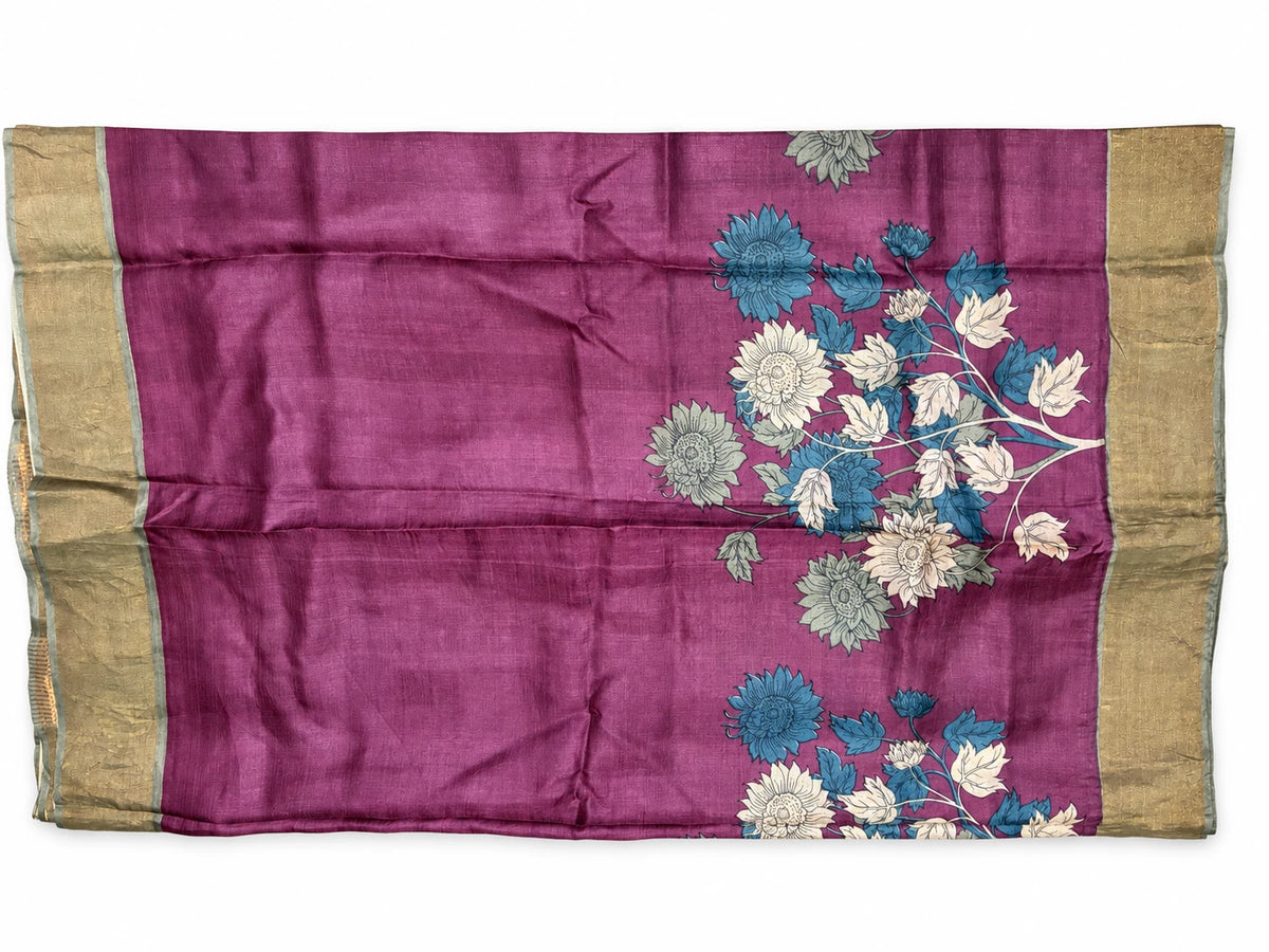 Madhuri — Plum Blue Blossom Saree, retouched garment view 1 on a clean background