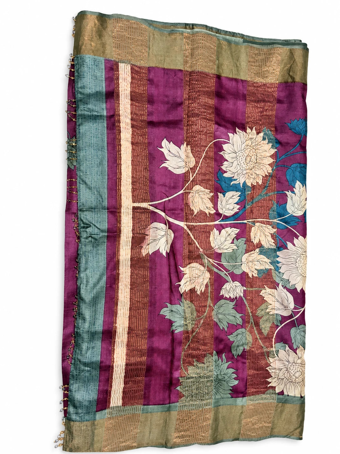 Madhuri — Plum Blue Blossom Saree, retouched garment view 2 on a clean background