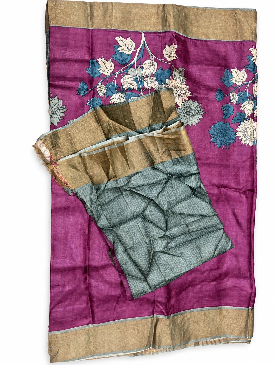 Madhuri — Plum Blue Blossom Saree, retouched garment view 3 on a clean background