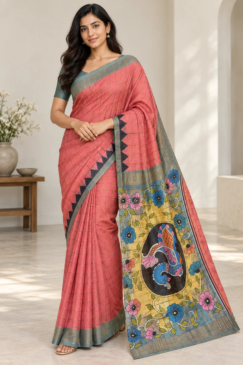 Mohini — Coral Illustrated Pallu Saree, model-worn styling photograph