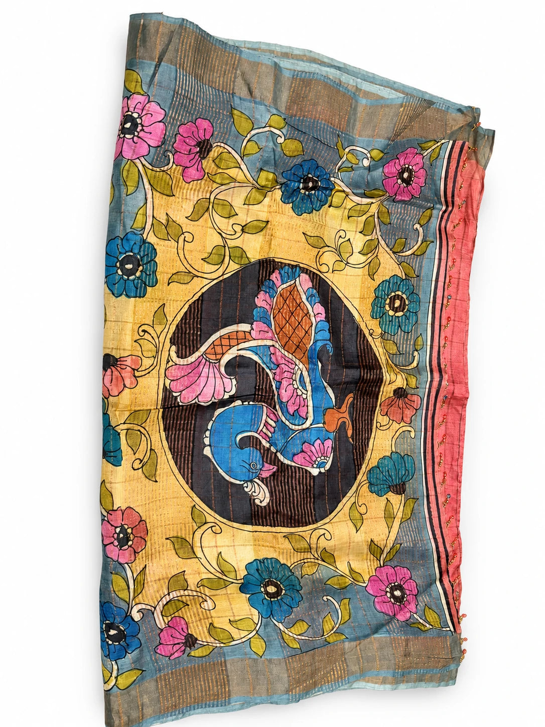 Mohini — Coral Illustrated Pallu Saree, retouched garment view 2 on a clean background