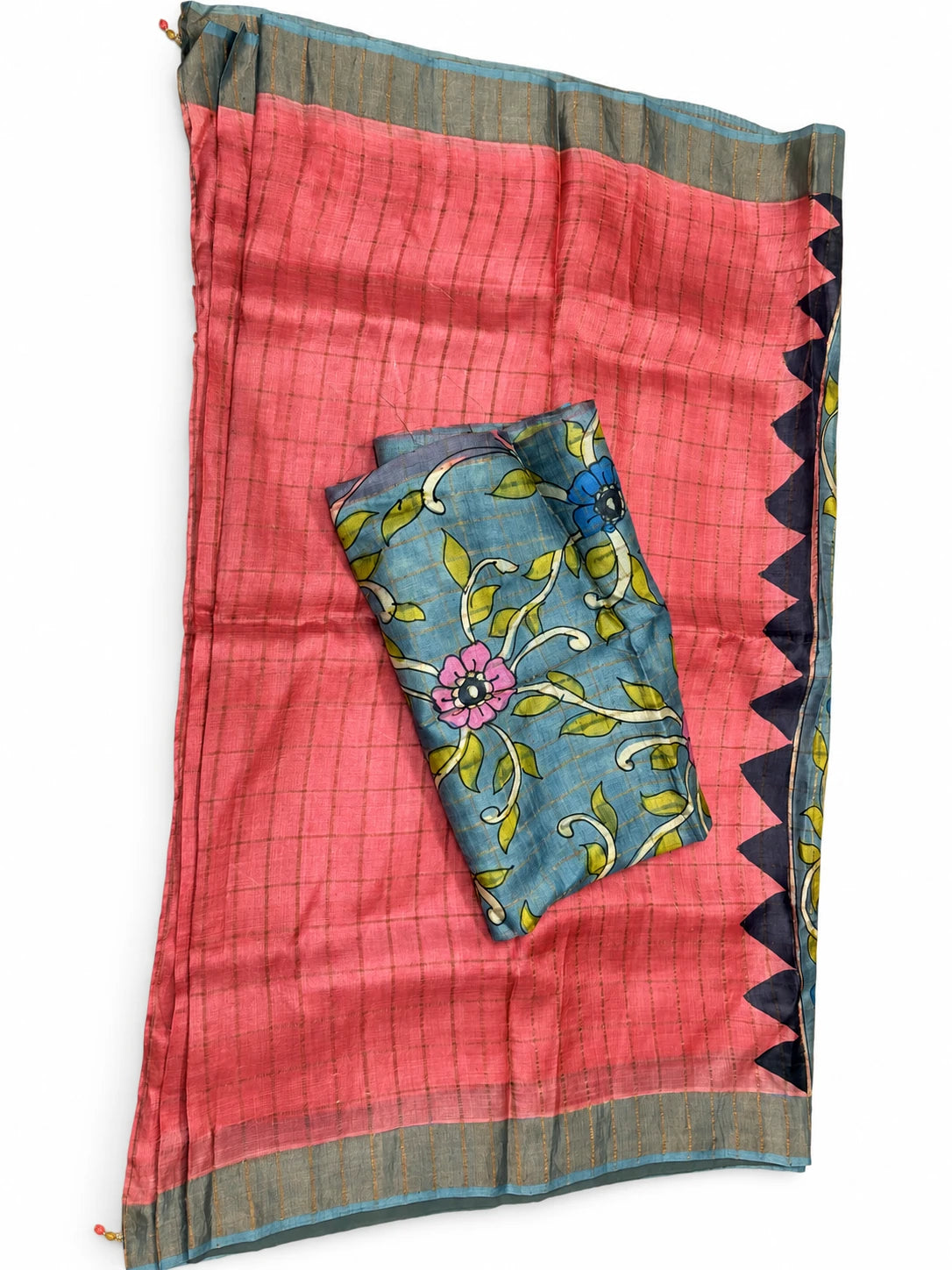 Mohini — Coral Illustrated Pallu Saree, retouched garment view 3 on a clean background