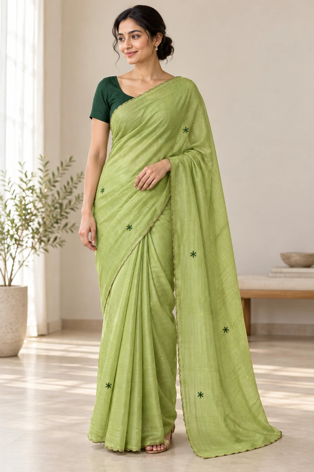 Pavitra — Lime Minimal Motif Saree, model-worn styling photograph