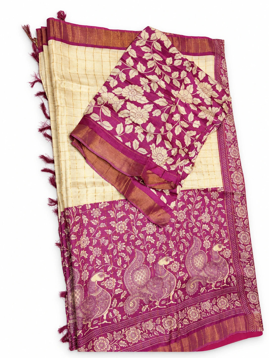 Rajeshwari — Ivory Magenta Ornamental Saree, retouched garment view 3 on a clean background