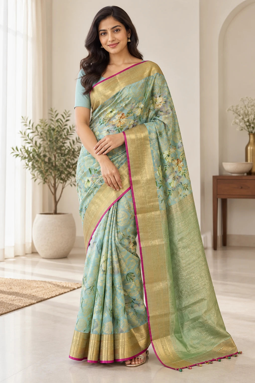 Sangeetha — Aqua Floral Gold Border Saree, model-worn styling photograph