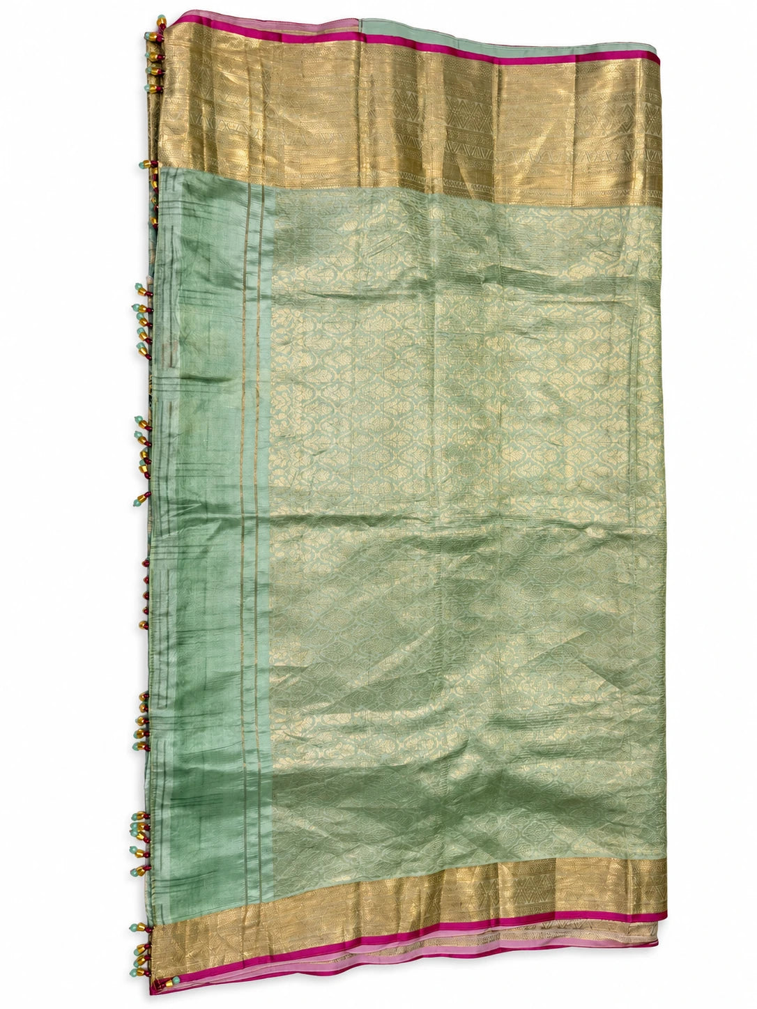 Sangeetha — Aqua Floral Gold Border Saree, retouched garment view 2 on a clean background