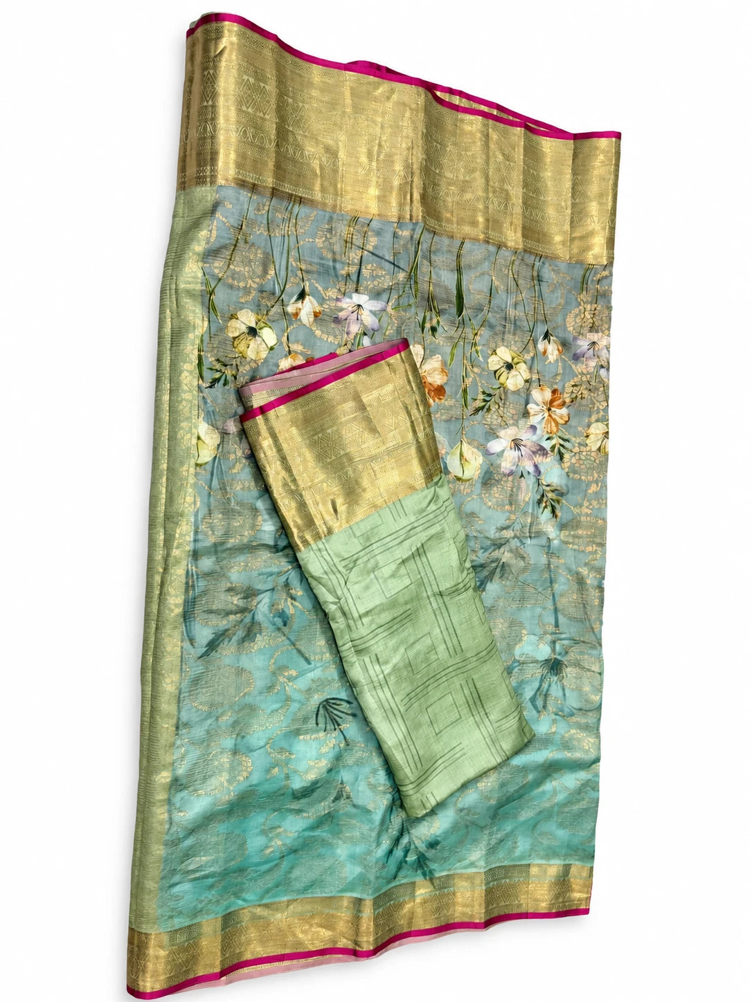 Sangeetha — Aqua Floral Gold Border Saree, retouched garment view 3 on a clean background