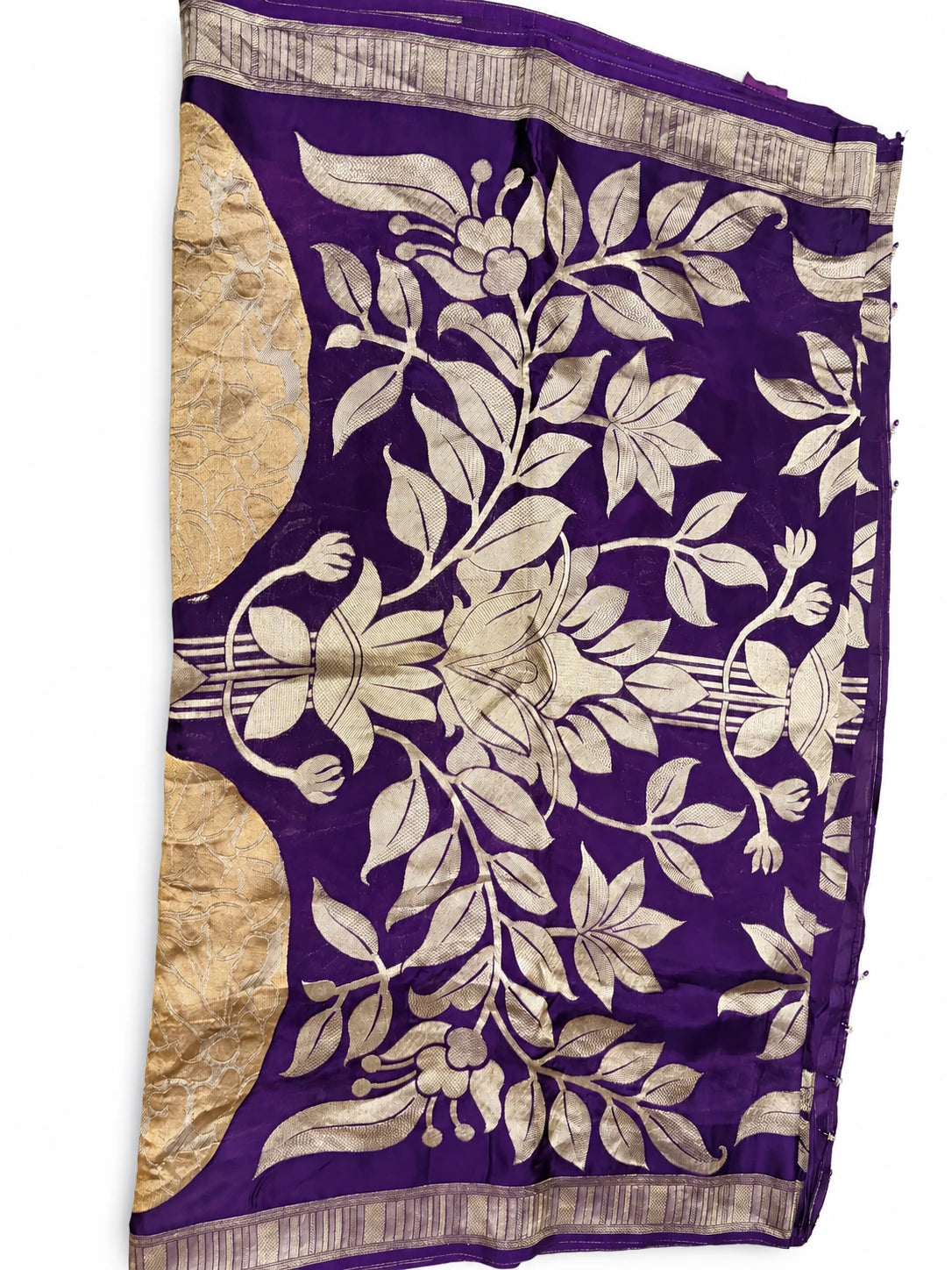 Saraswati — Violet Gold Botanical Saree, retouched garment view 1 on a clean background