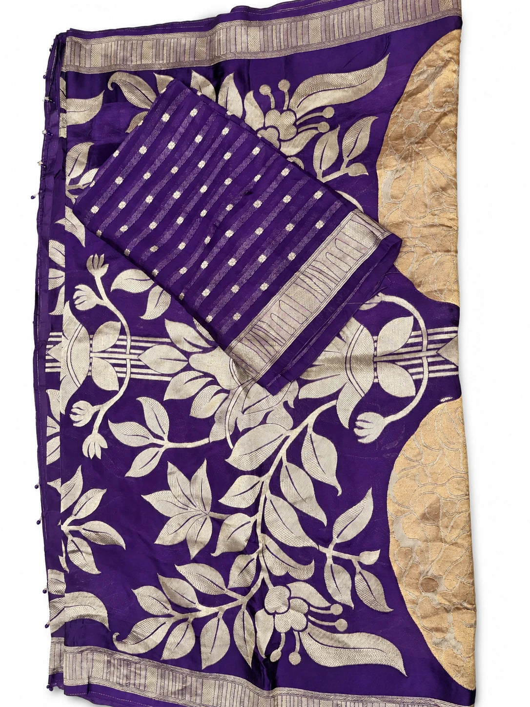Saraswati — Violet Gold Botanical Saree, retouched garment view 3 on a clean background