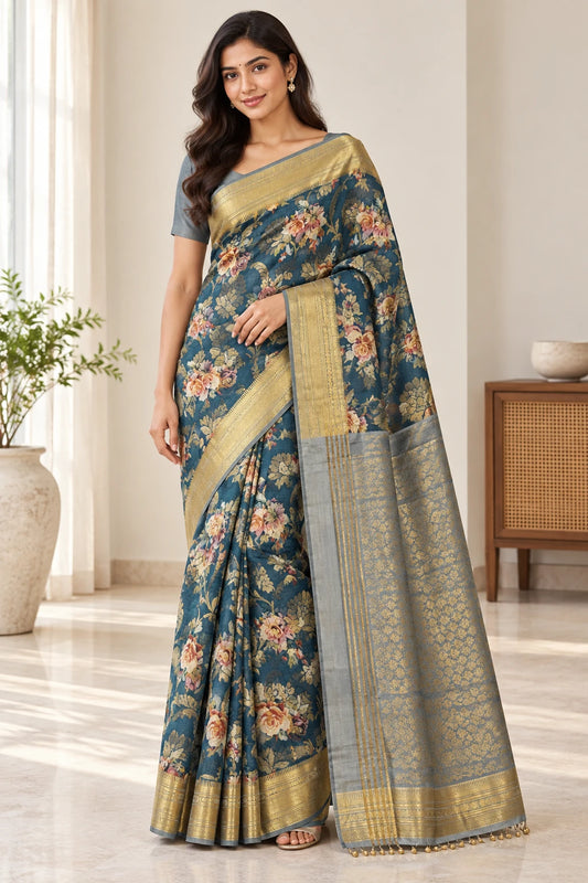 Shobha — Teal Floral Gold Border Saree, model-worn styling photograph