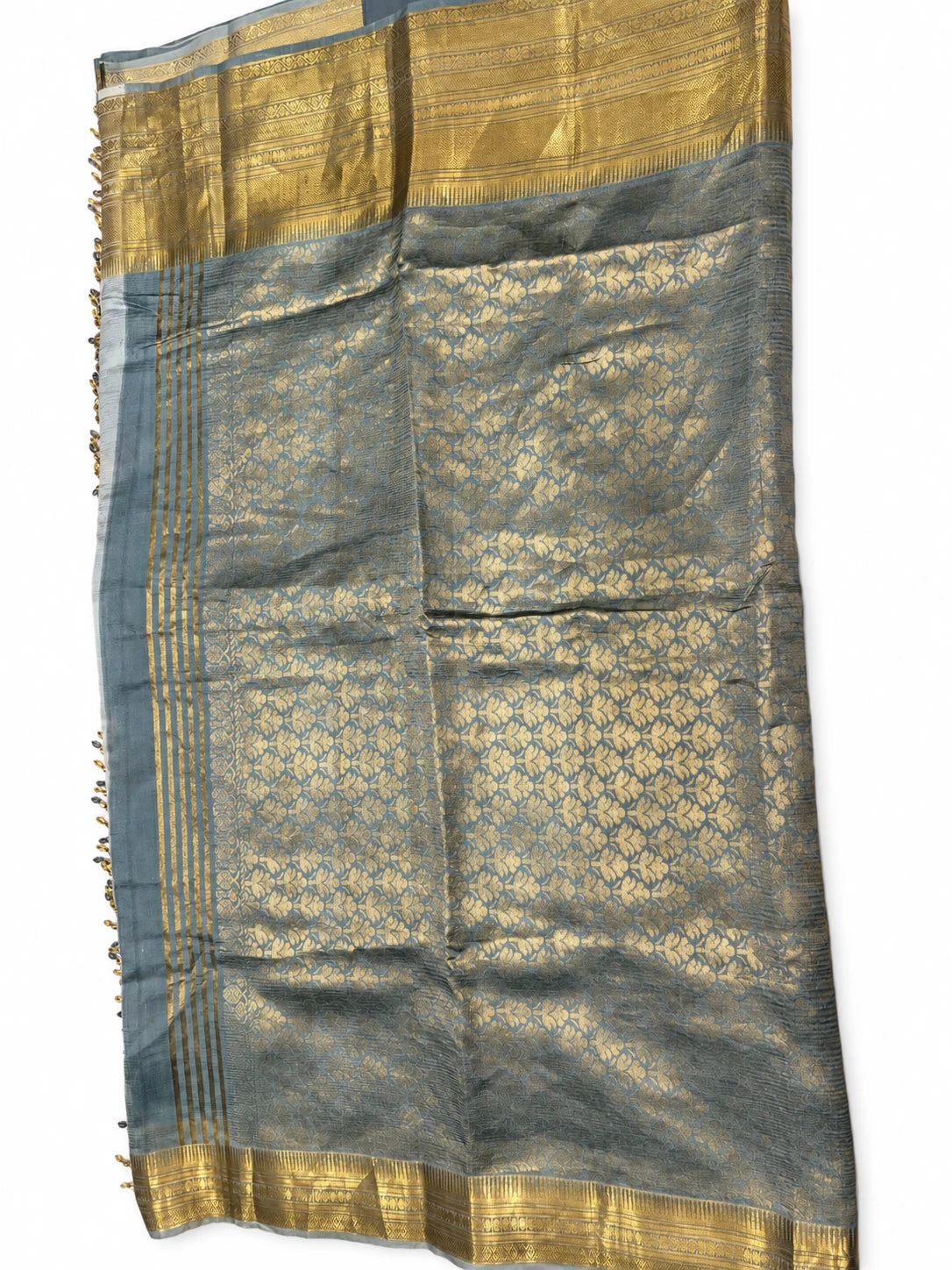 Shobha — Teal Floral Gold Border Saree, retouched garment view 2 on a clean background