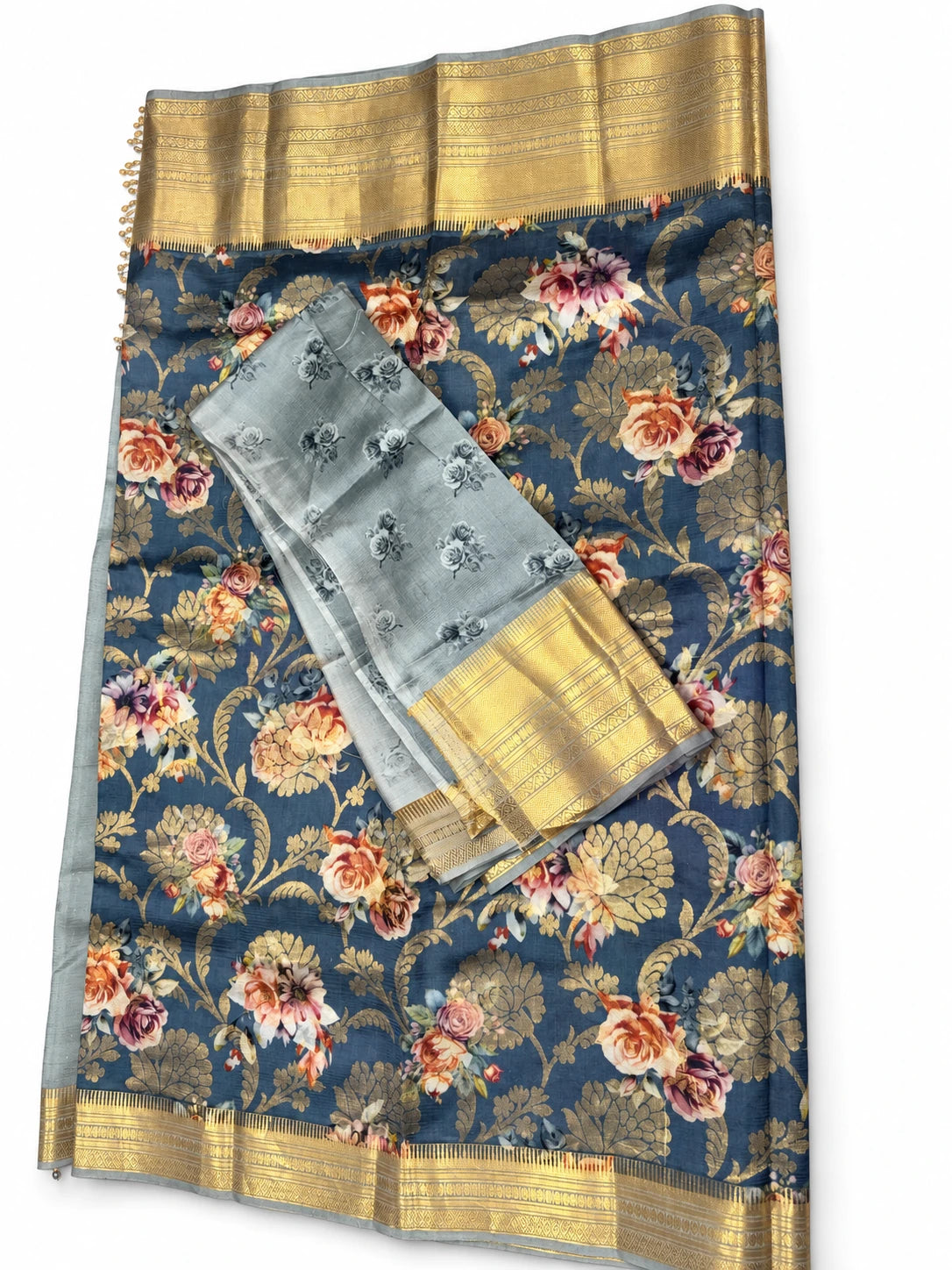 Shobha — Teal Floral Gold Border Saree, retouched garment view 3 on a clean background