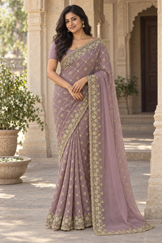 Digital styling view of the lavender scallop saree with a suggested blouse on an adult Indian woman