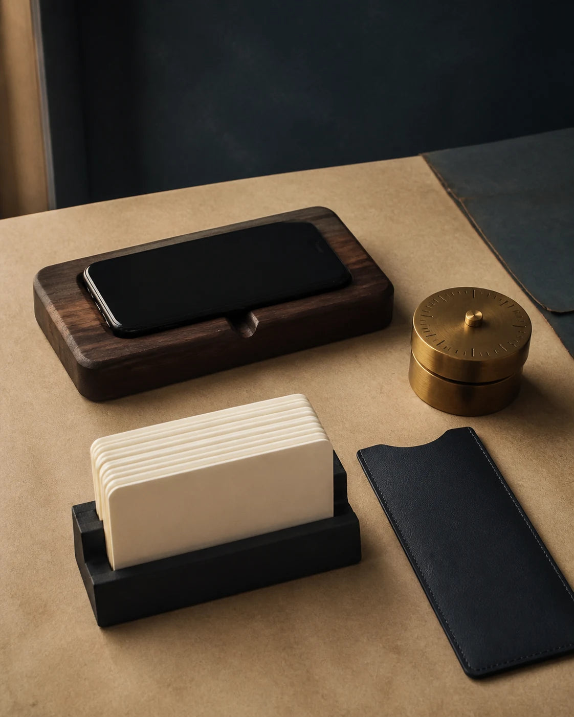 Analog focus kit with walnut phone dock, brass timer, blank focus cards and dark sleeve