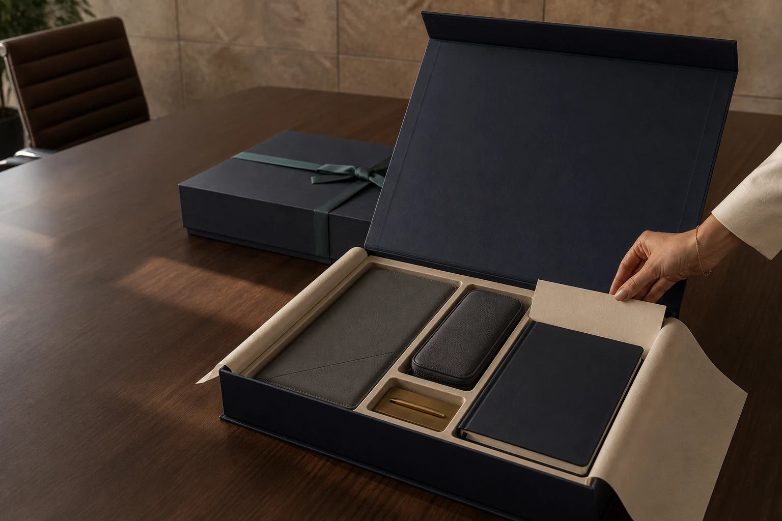 Provisional executive gifting set with folio, tech organiser, notebook and pen rest