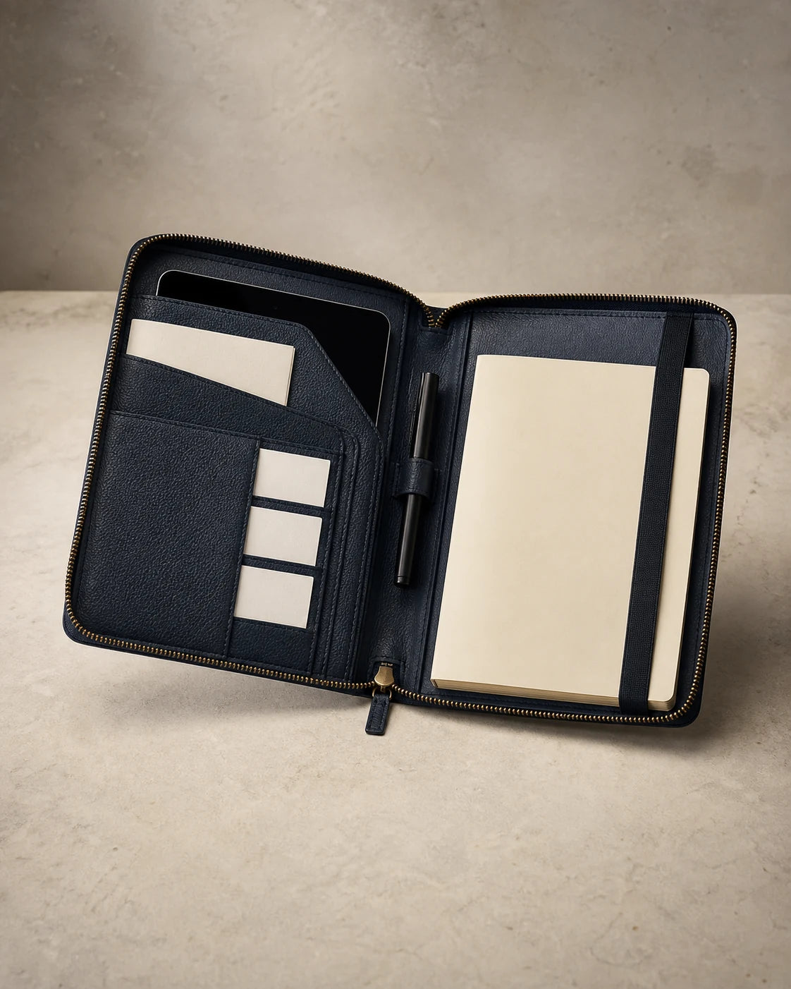 Unbranded deep-ink meeting folio with blank notebook, pen, cards and document pockets