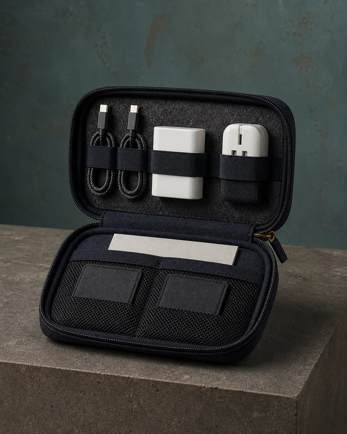 Unbranded deep-ink tech organiser with neatly arranged generic cables and adapters