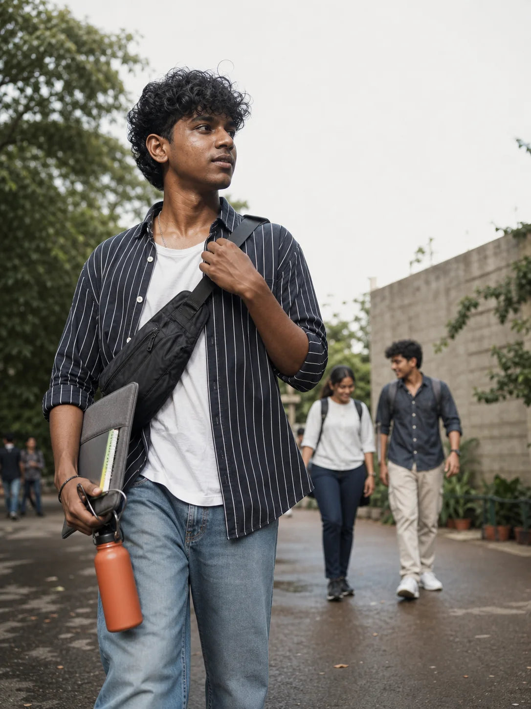 Indian student crossing a Bengaluru campus with a compact sling, laptop sleeve and bottle