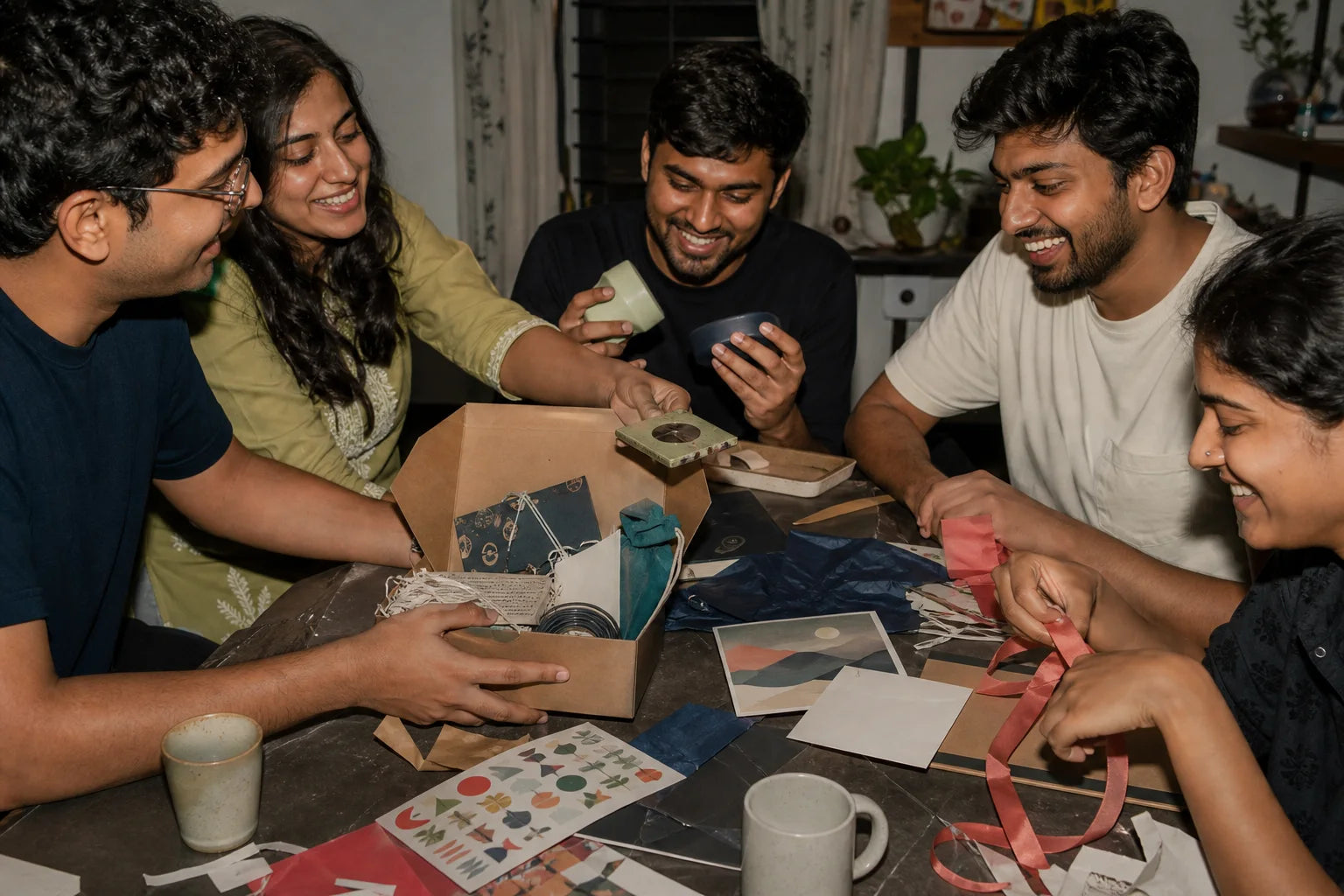 Five Indian friends assembling an unbranded useful birthday gift box together