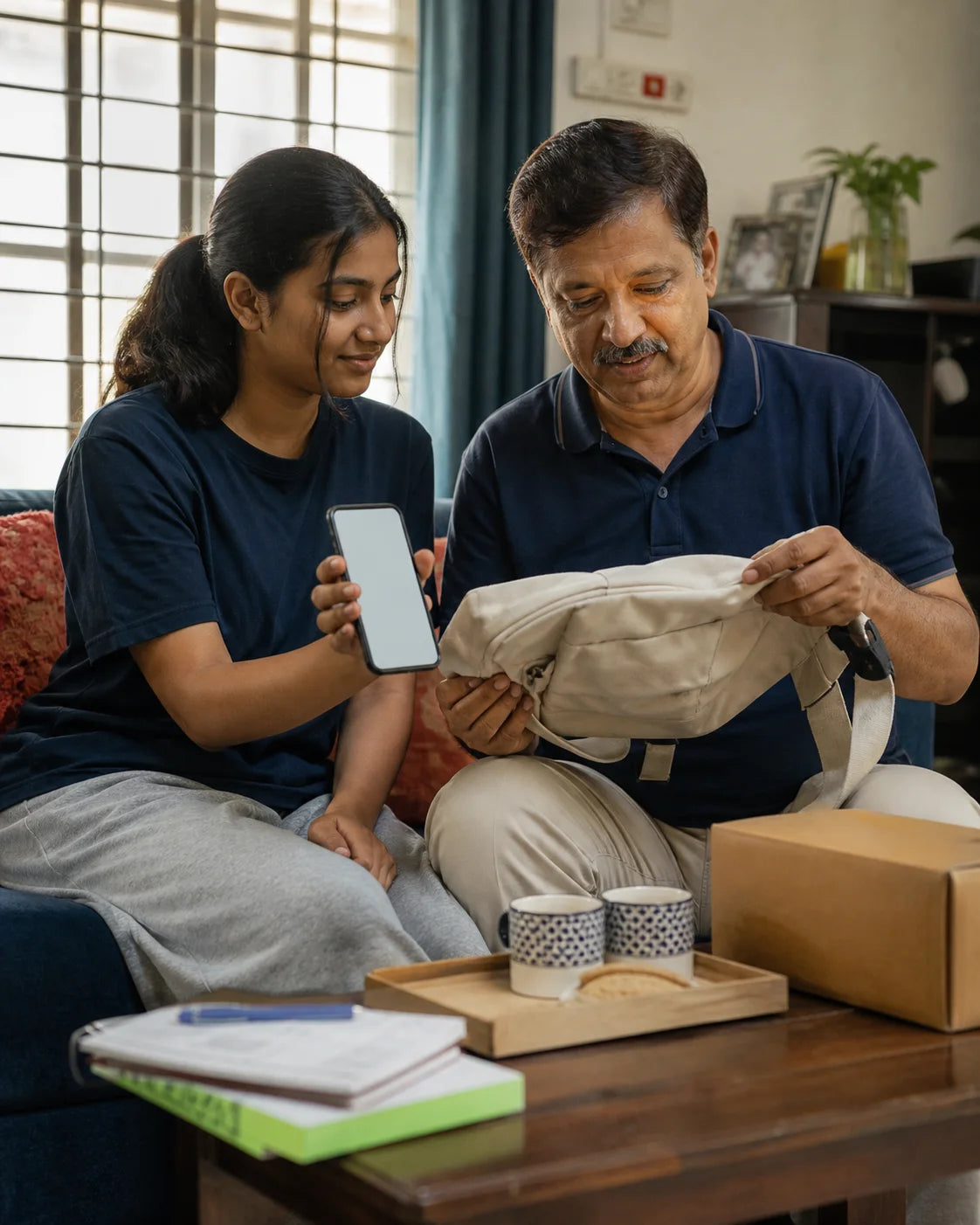 Indian teenager and father reviewing a campus sling together in a living room