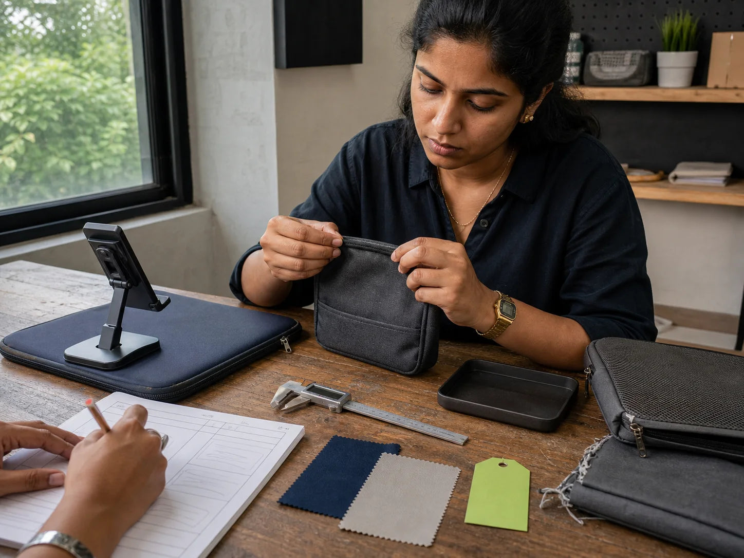 Indian curator inspecting the seam of an unbranded organiser at a product review table