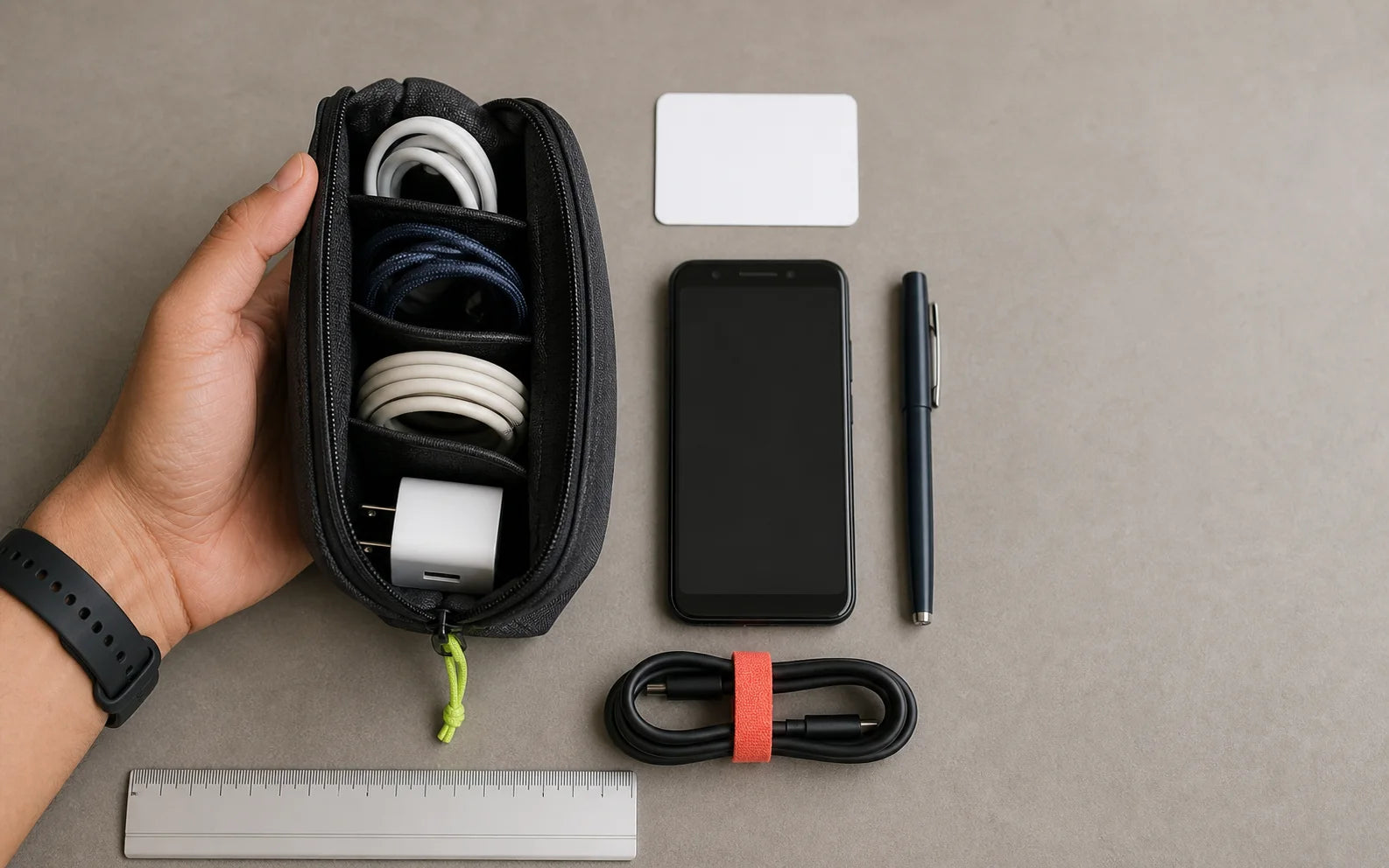 Compact cable organiser shown beside a hand, phone, card, pen and ruler for scale
