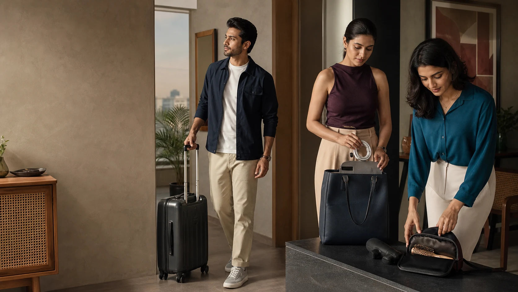 Indian adults preparing for travel, work, an important occasion and a beauty routine in a contemporary home
