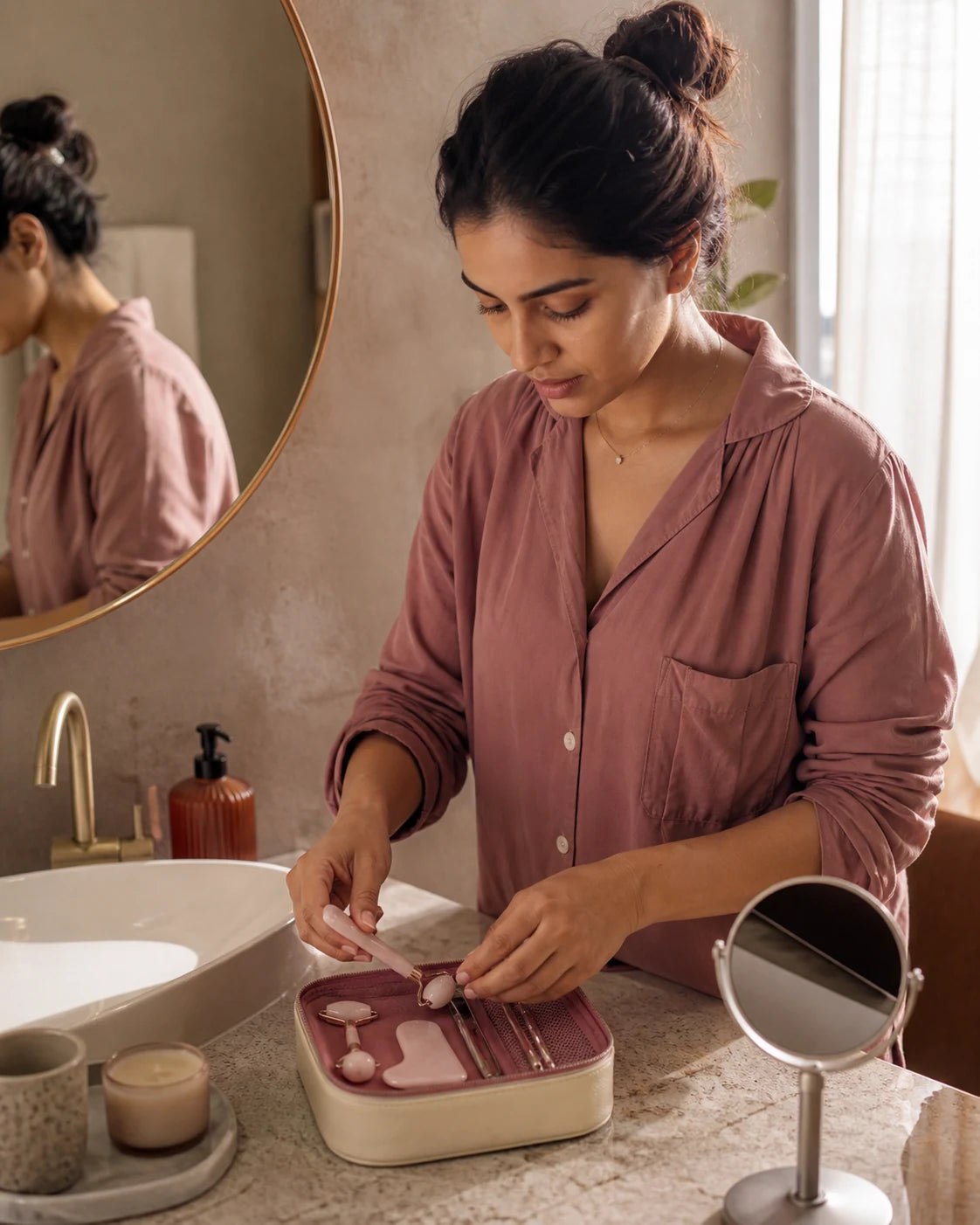 Indian woman at a warm contemporary vanity in a premium beauty portrait