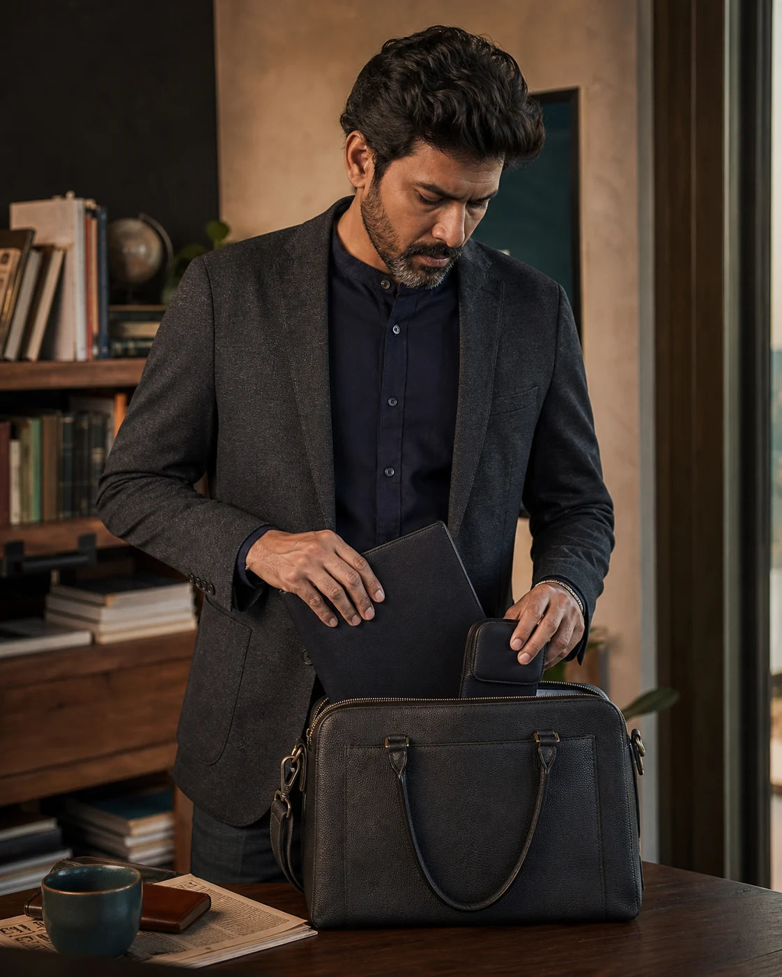 Indian professional packing a refined meeting folio and tech organiser into a work bag