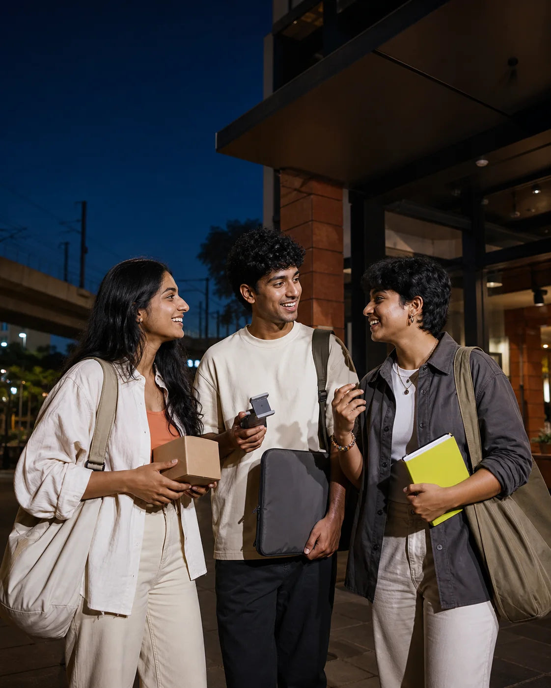 Three Indian young adults at blue hour with useful everyday carry and a small gift box