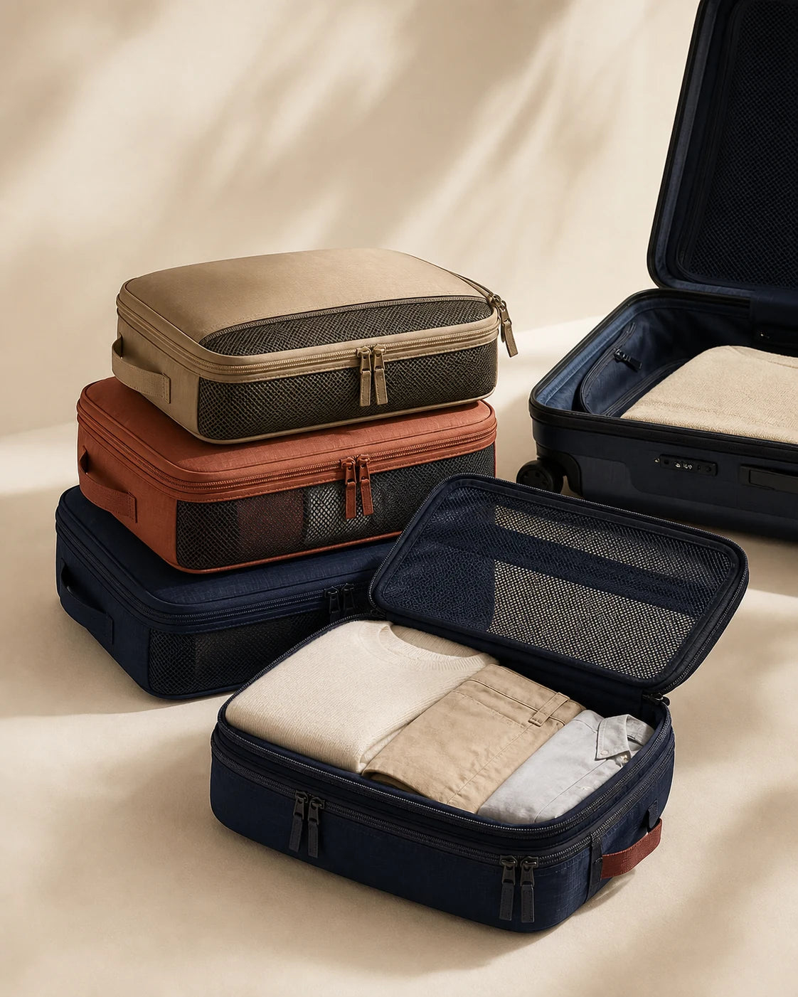 Four coordinated compression packing cubes beside a navy cabin suitcase