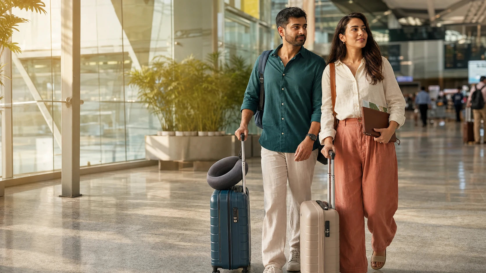 Indian couple walking through a modern airport with compact luggage and travel accessories