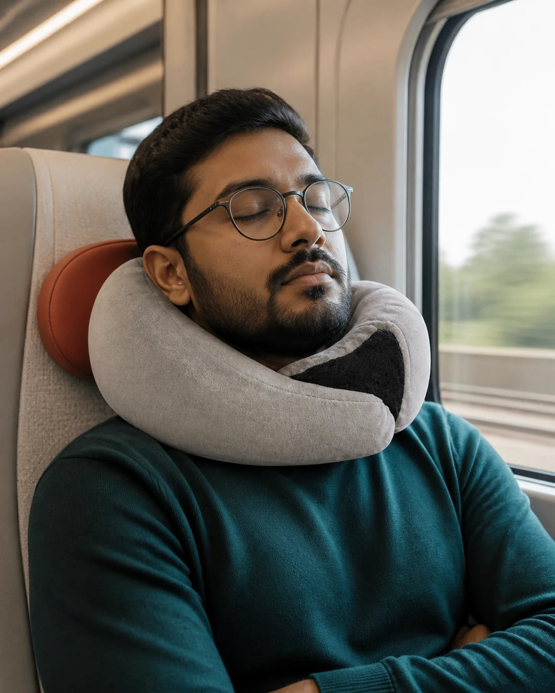 Indian traveller resting with a neck pillow by a train window