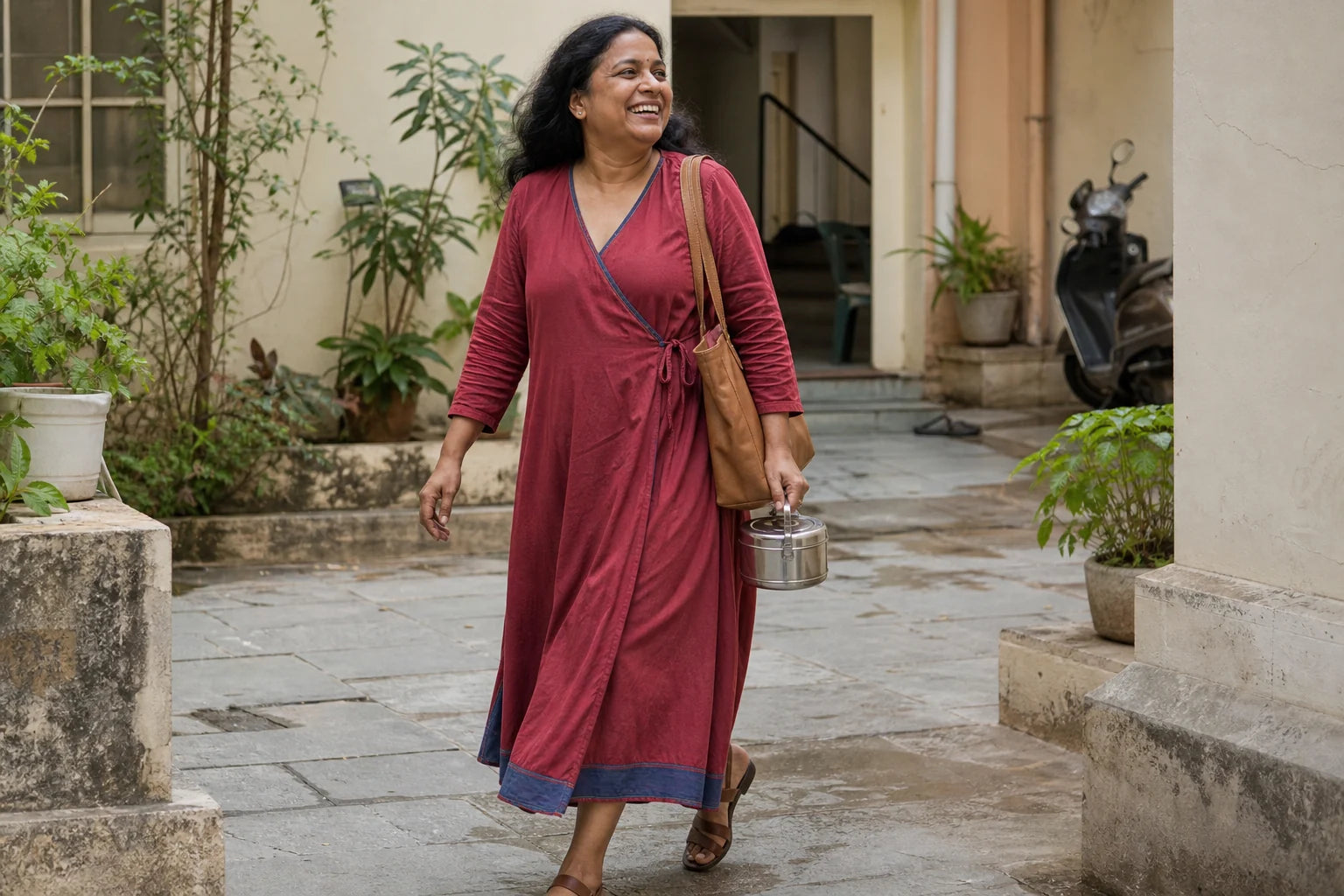 Indian woman leaving a family lunch in a muted madder wrap dress styled for repeat wear