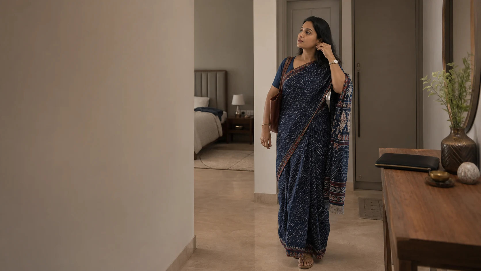 Indian professional in a restrained indigo and madder saree preparing to leave her Hyderabad apartment