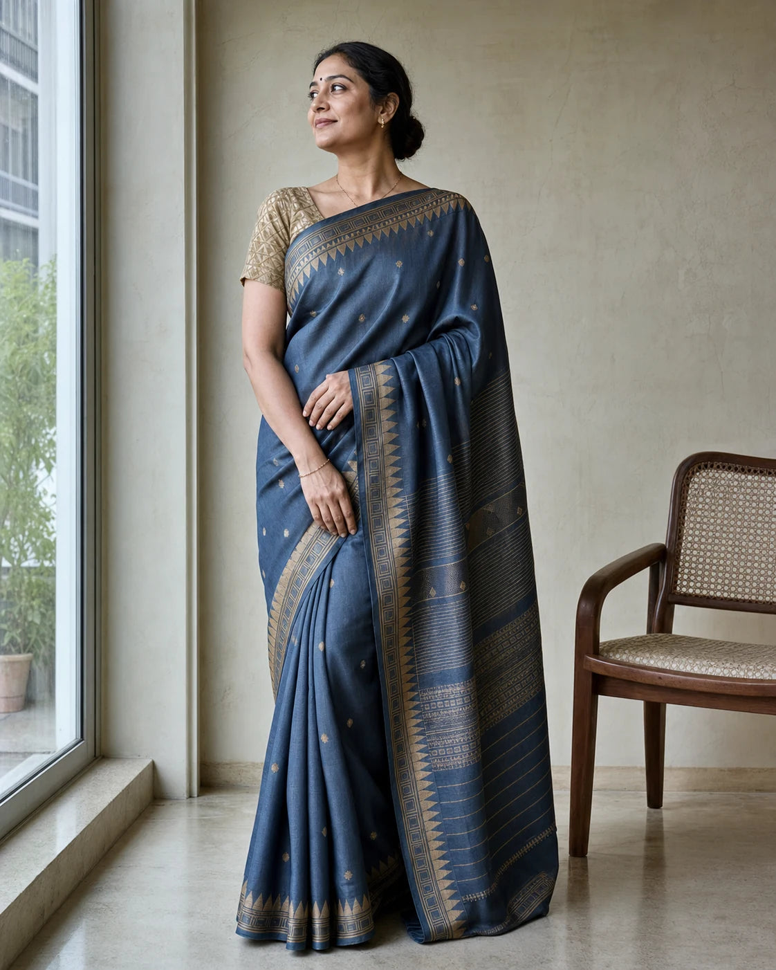 Restrained handwoven-saree direction in an editorial Indian setting