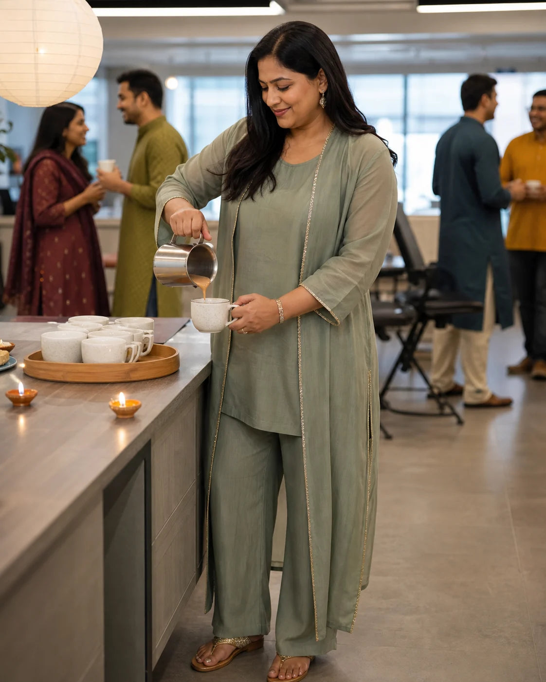 Indian team lead pouring chai at an office Diwali gathering in a lightweight sage overlay set