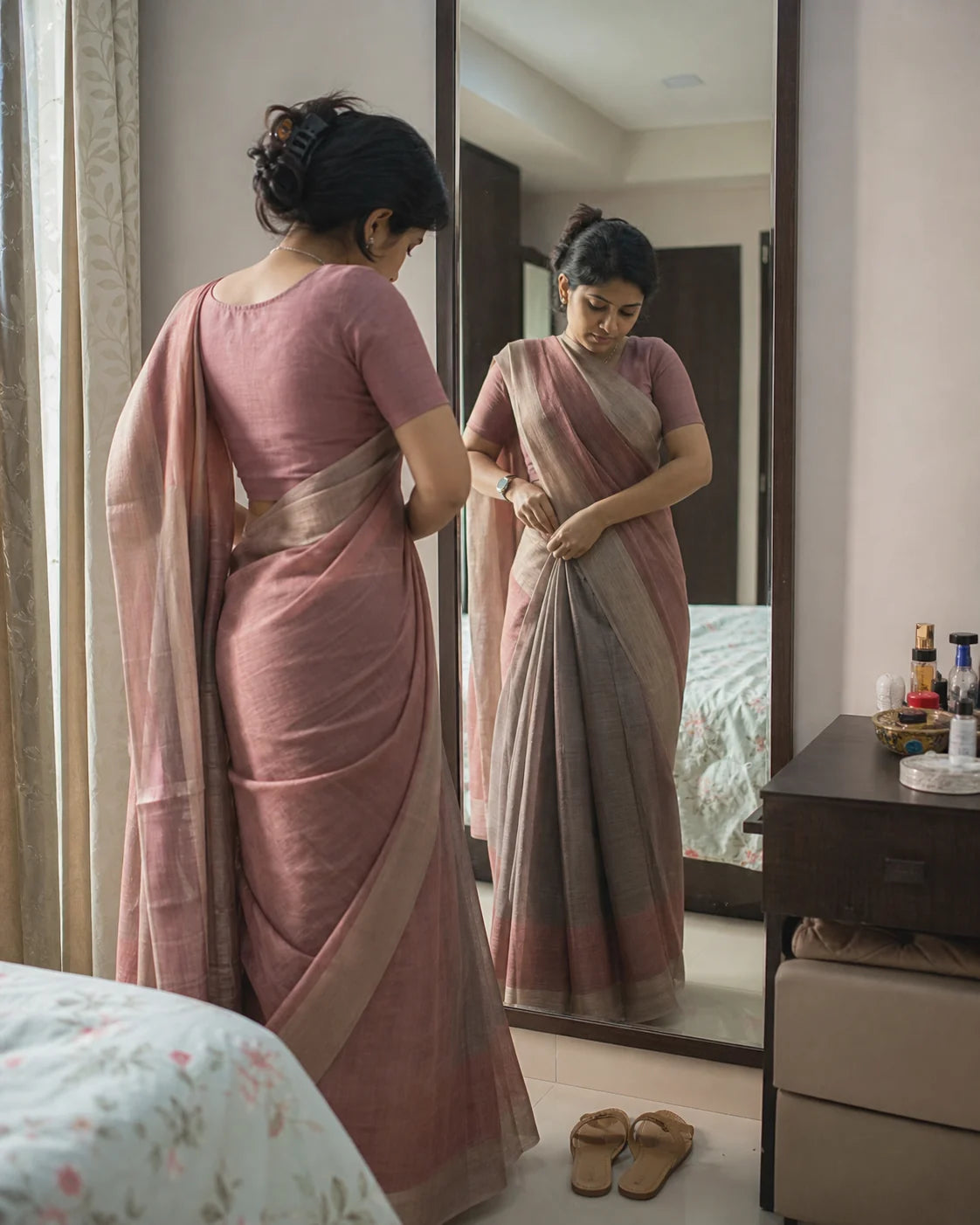 Petite Indian woman adjusting a muted rose and smoke saree in a bedroom mirror